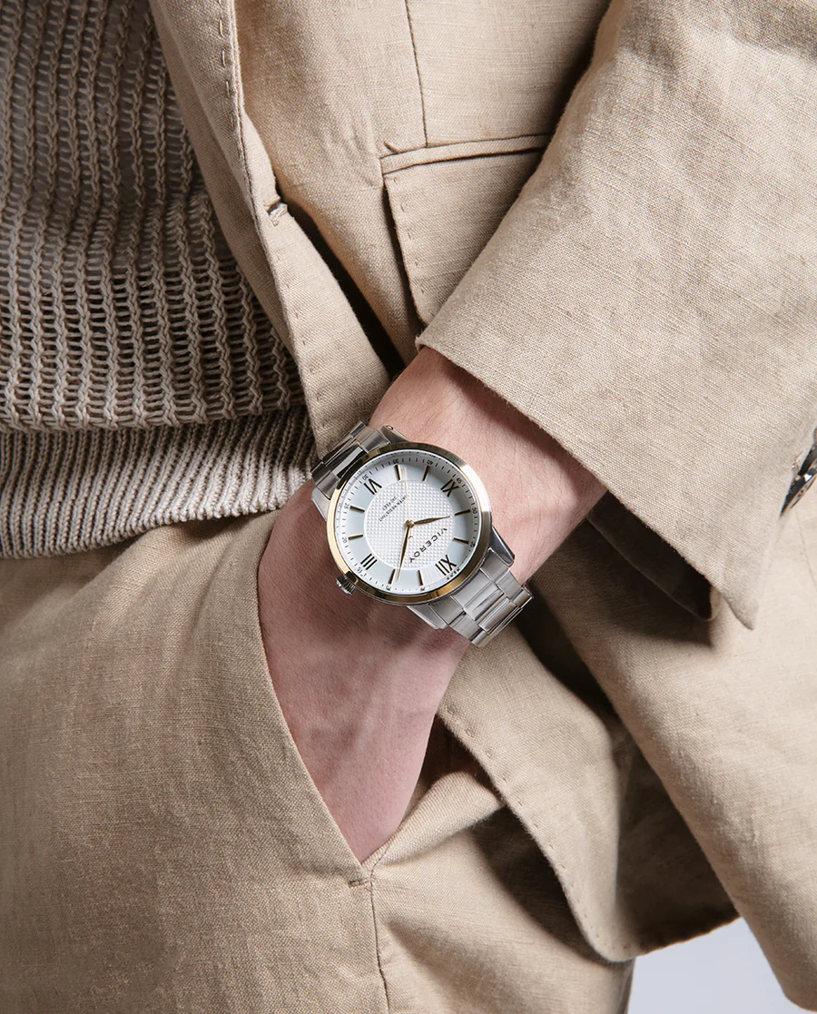 RELOJ DE ACERO DE CABALLERON 41145-83 CON ESFERA BLANCA DE NÚMEROS ROMANOS Y BISEL DORADO - Imagen 2