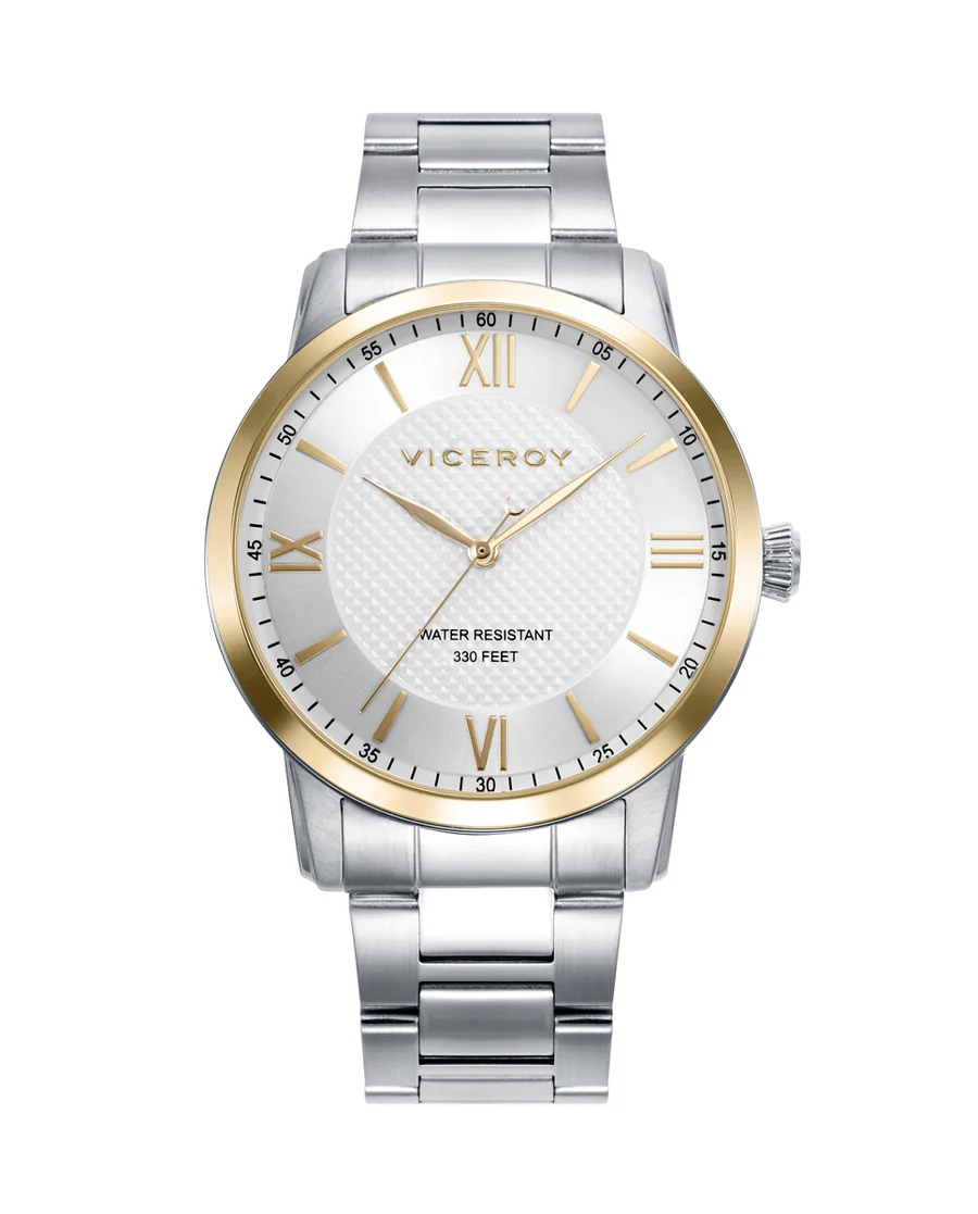 RELOJ DE ACERO DE CABALLERON 41145-83 CON ESFERA BLANCA DE NÚMEROS ROMANOS Y BISEL DORADO
